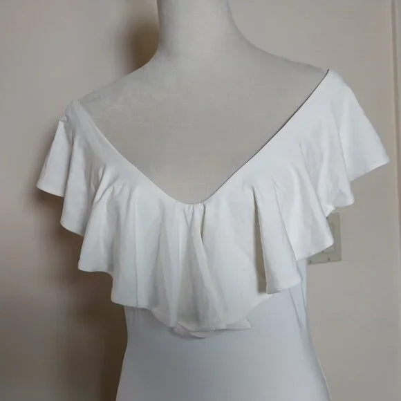 LITTLE BLACK BODYSUIT SIZE L CREAM WHITE This OFF SHOULDER RUFFLE THONG BODYSUIT - Picture 3 of 12